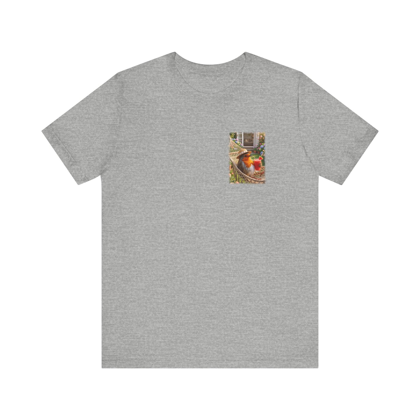 Rosi Rotkehlchen T-Shirt in der Hängematte für Vogelbeobachter und Gartenfreunde