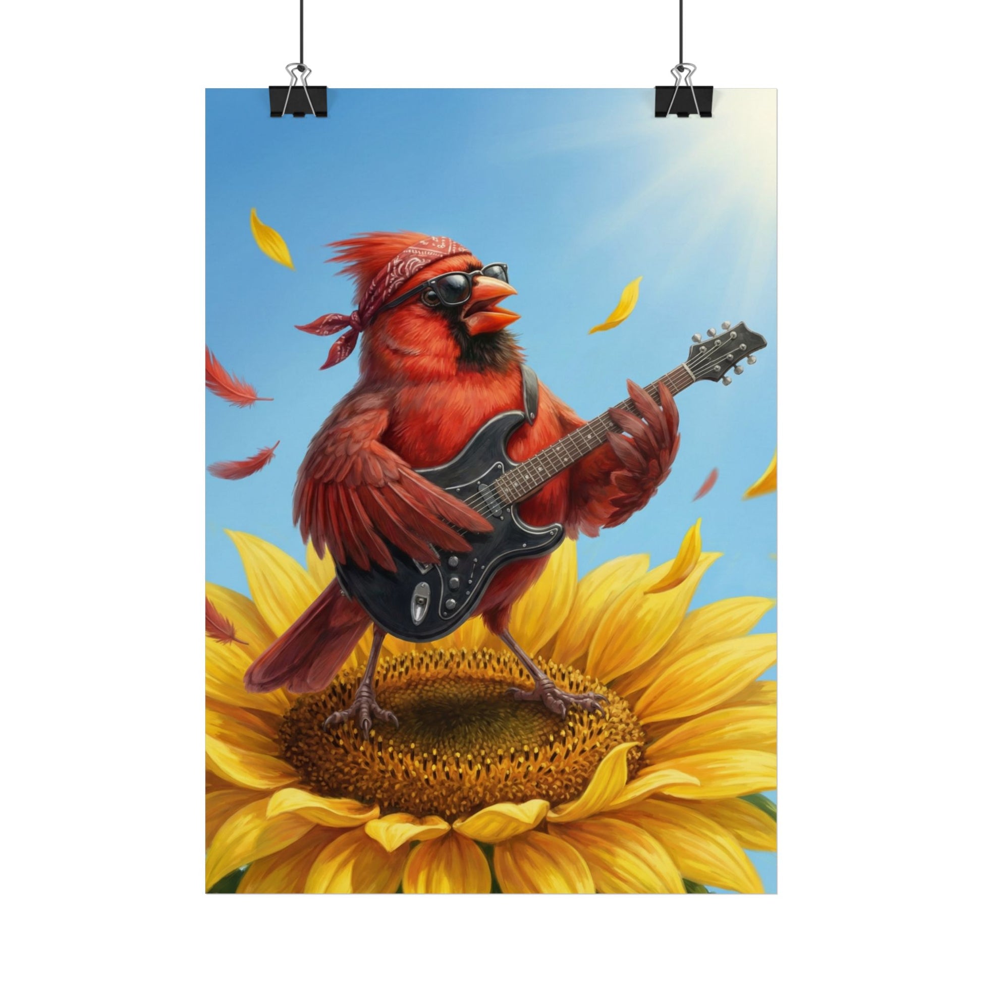 Star Vogel Poster – Rockstar Kinderzimmer – Roter Kardinal auf Sonnenblume mit Gitarre | Wandbild Kinder Deko