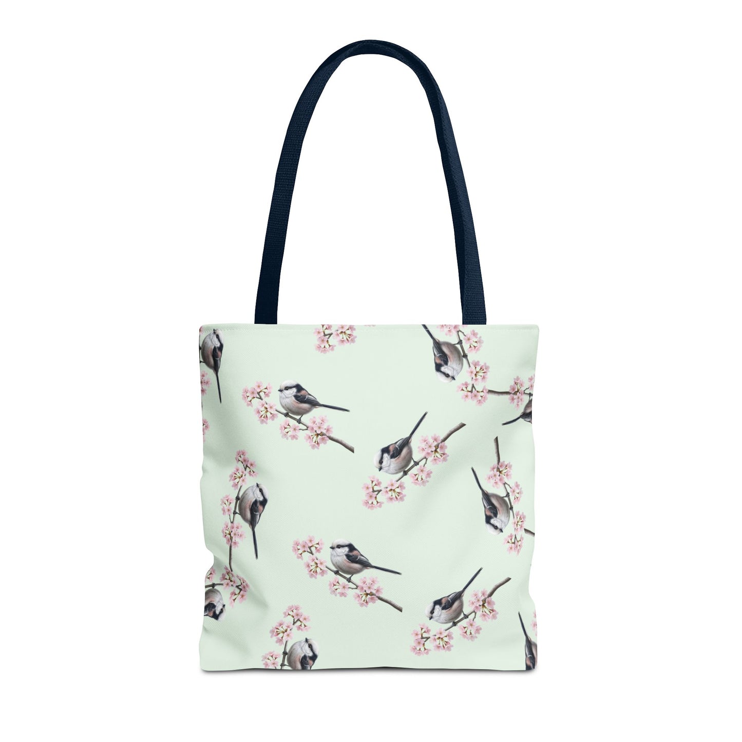 Schwanzmeise & Kirschblüten Tragetasche in Salbeigrün | Stofftasche Geschenk für Vogelbeobachter – Accessories,