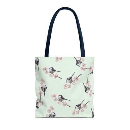 Schwanzmeise & Kirschblüten Tragetasche in Salbeigrün | Stofftasche Geschenk für Vogelbeobachter – Accessories,
