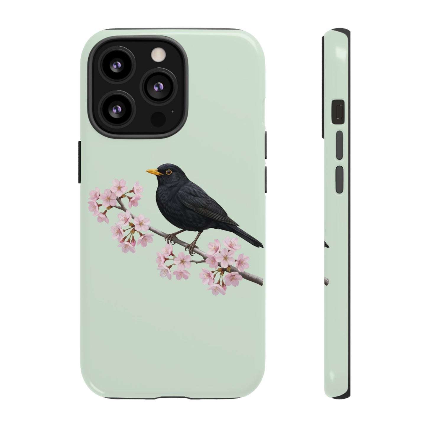 Amsel Handyhülle in Salbeigrün | Florales Kirschblüten Vogel-Motiv für iPhone & Google Pixel