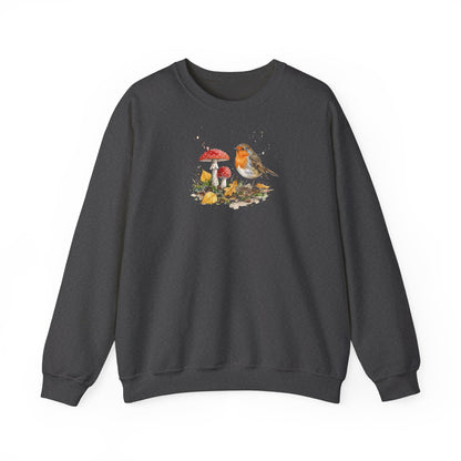 Rotkehlchen Sweatshirt für Damen und Herren mit gemaltem Herbstmotiv aus buntem Herbstlaub und roten Fliegenpilzen – gemütlicher Vogel Pullover