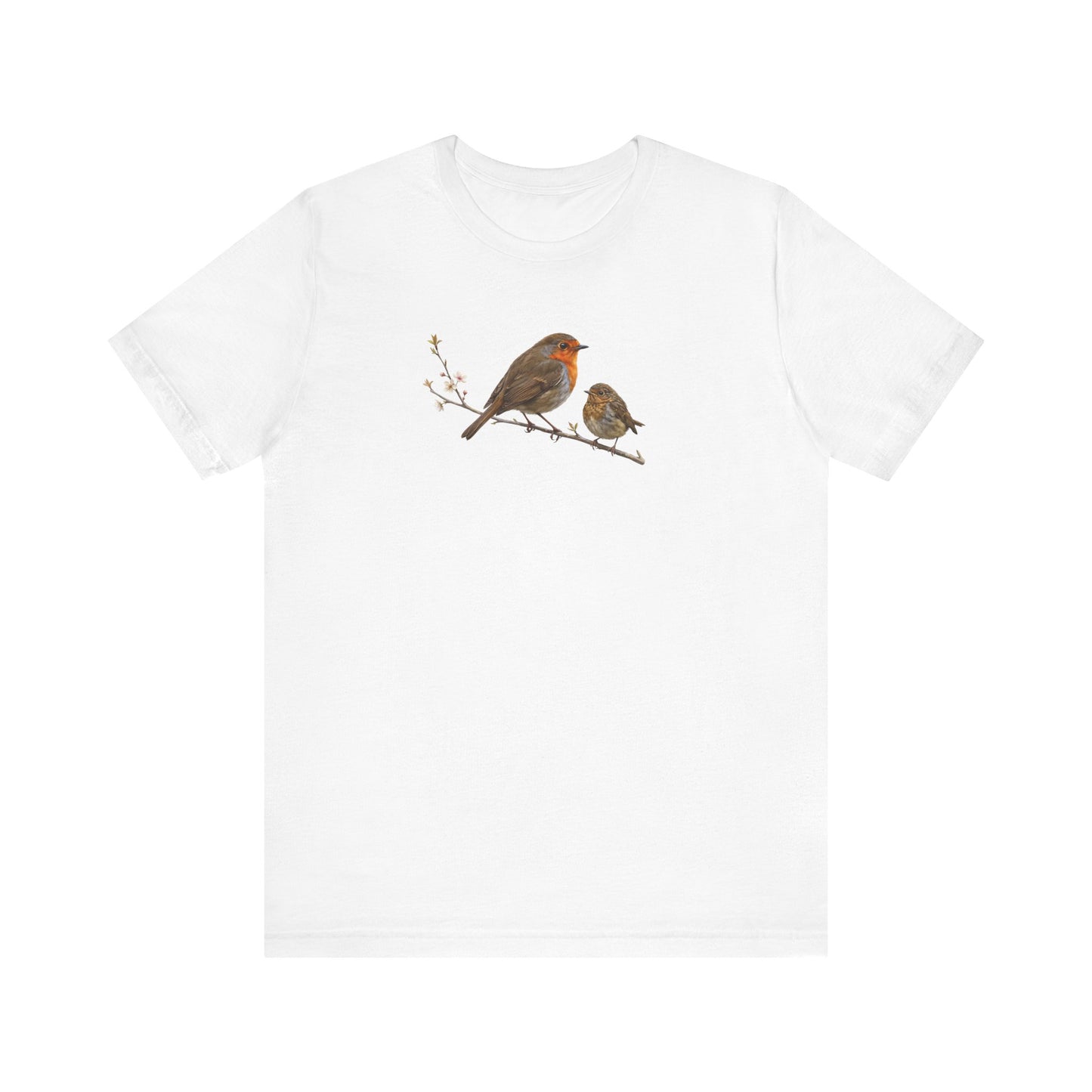 Rotkehlchen & Jungvogel T-Shirt | Frühlingsblüten Vogelmotiv für Vogelbeobachter