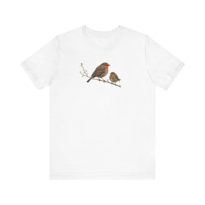 Rotkehlchen & Jungvogel T-Shirt | Frühlingsblüten Vogelmotiv für Vogelbeobachter