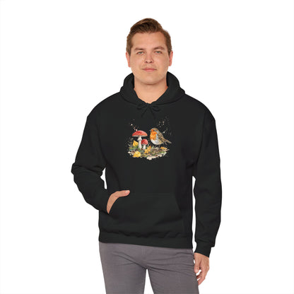 Rotkehlchen Herbst-Hoodie – Kuscheliger Kapuzenpullover mit Laub & Fliegenpilzen