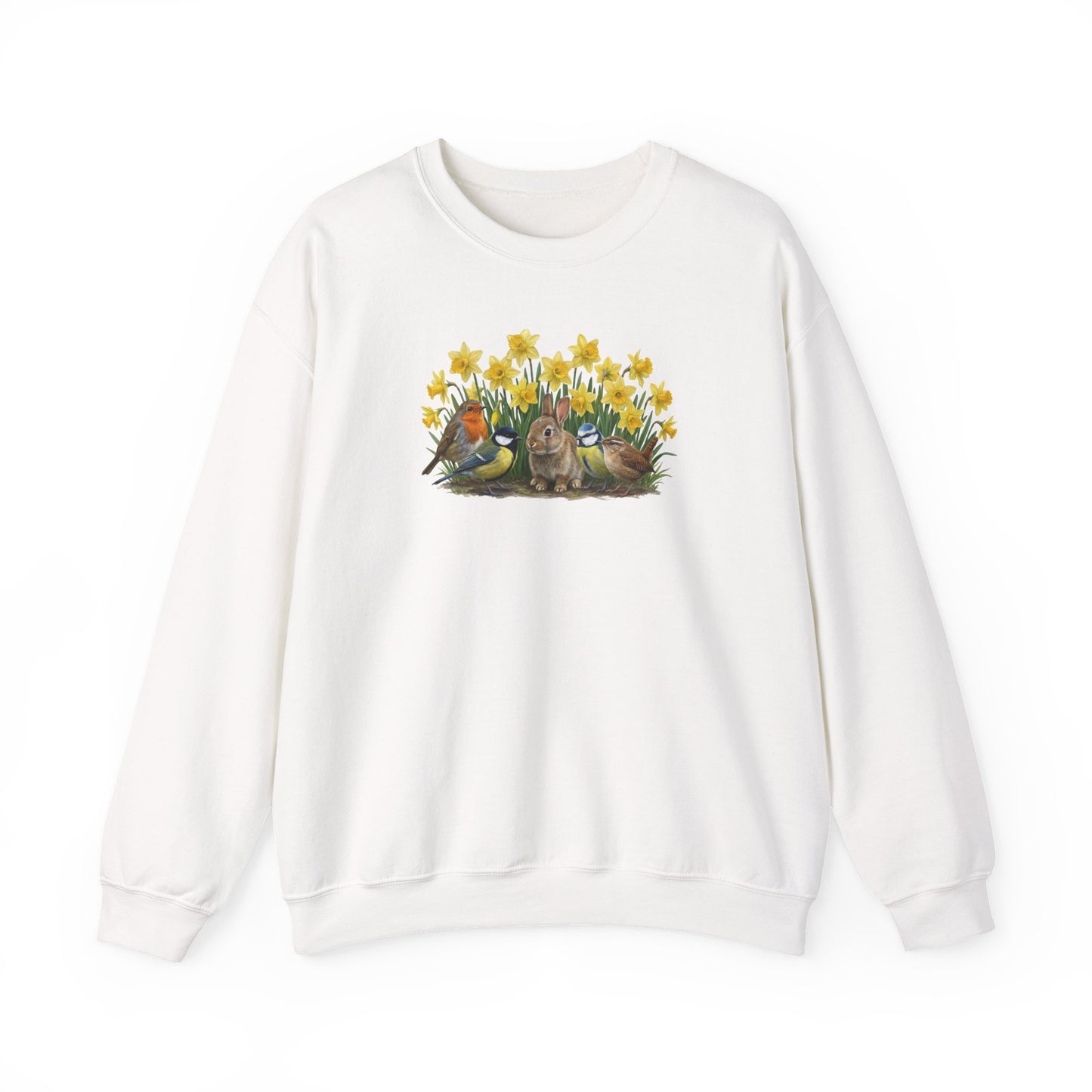 Oster-Sweatshirt Frühlingswiese – Kaninchen & Singvögel in Osterglocken | Unisex Pullover