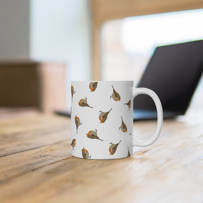 Rotkehlchen Tasse mit Streumuster | Vogelmotiv Kaffeebecher für Vogelbeobachter & Naturfreunde – 11 oz,