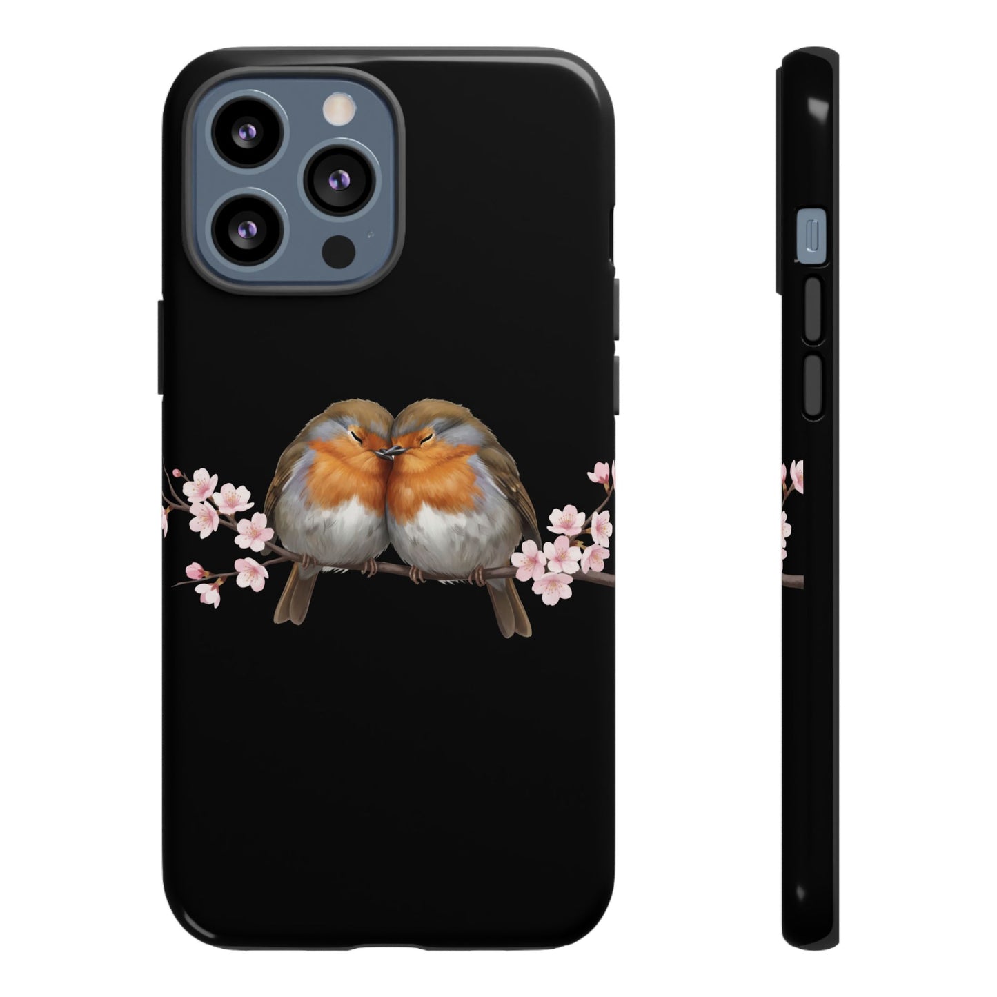 Rotkehlchen mit Kirschblüten Premium Handyhülle – Doppelt Geschützt & Rundum Bedruckt Schwarz