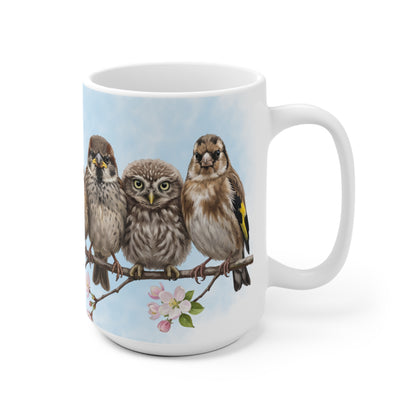 Amsel Rotkehlchen Eule Ästlinge Premium Keramiktasse | Geschenk für Vogelbeobachter