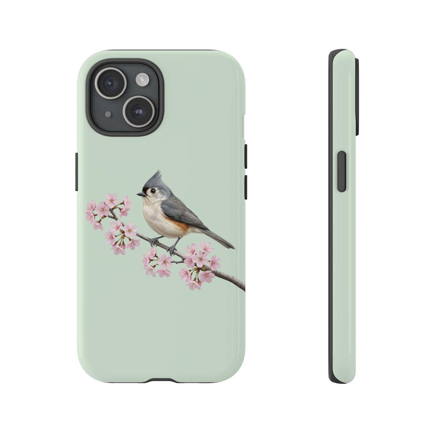 Grauhäubchenmeise Handyhülle in Salbeigrün | Florales Kirschblüten Vogel-Motiv für iPhone & Google Pixel