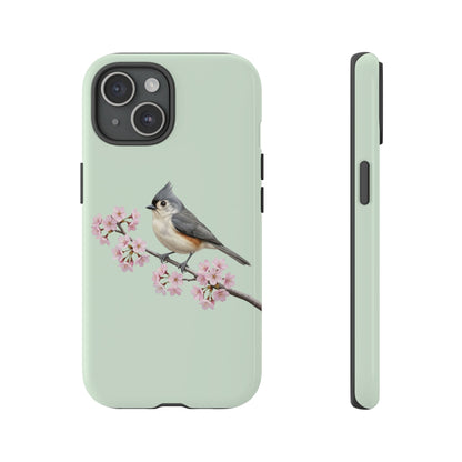 Grauhäubchenmeise Handyhülle in Salbeigrün | Florales Kirschblüten Vogel-Motiv für iPhone & Google Pixel