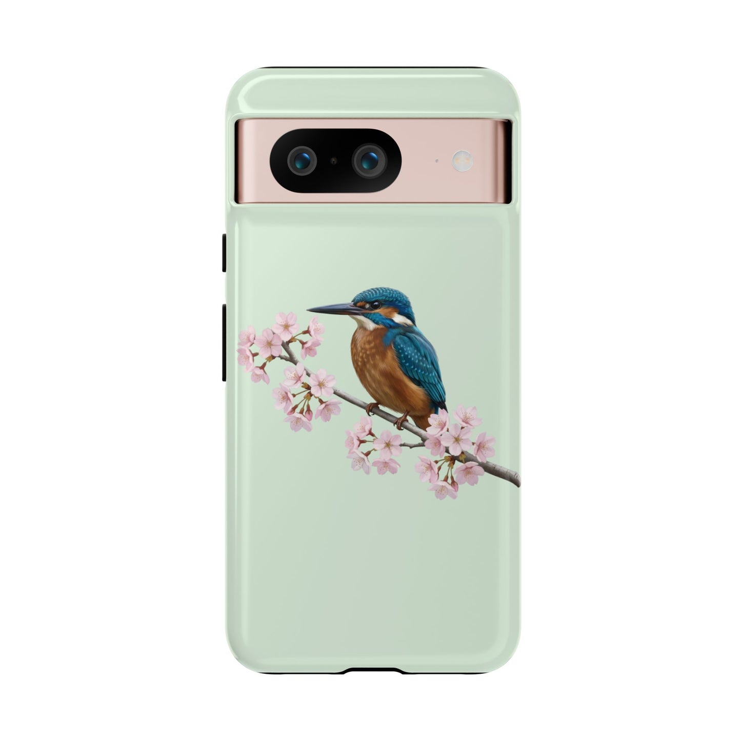 Eisvogel Handyhülle in Salbeigrün | Florales Kirschblüten Vogel-Motiv für iPhone & Google Pixel
