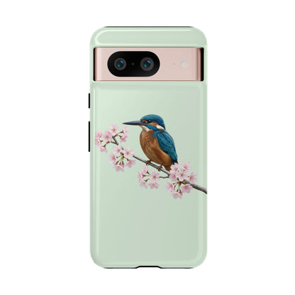 Eisvogel Handyhülle in Salbeigrün | Florales Kirschblüten Vogel-Motiv für iPhone & Google Pixel