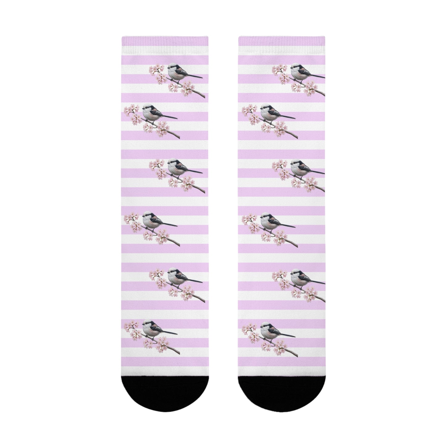 Schwanzmeise Socken mit Kirschblüten | Weiß Rosa gestreifte Vogelmotiv Strümpfe – Accessories,