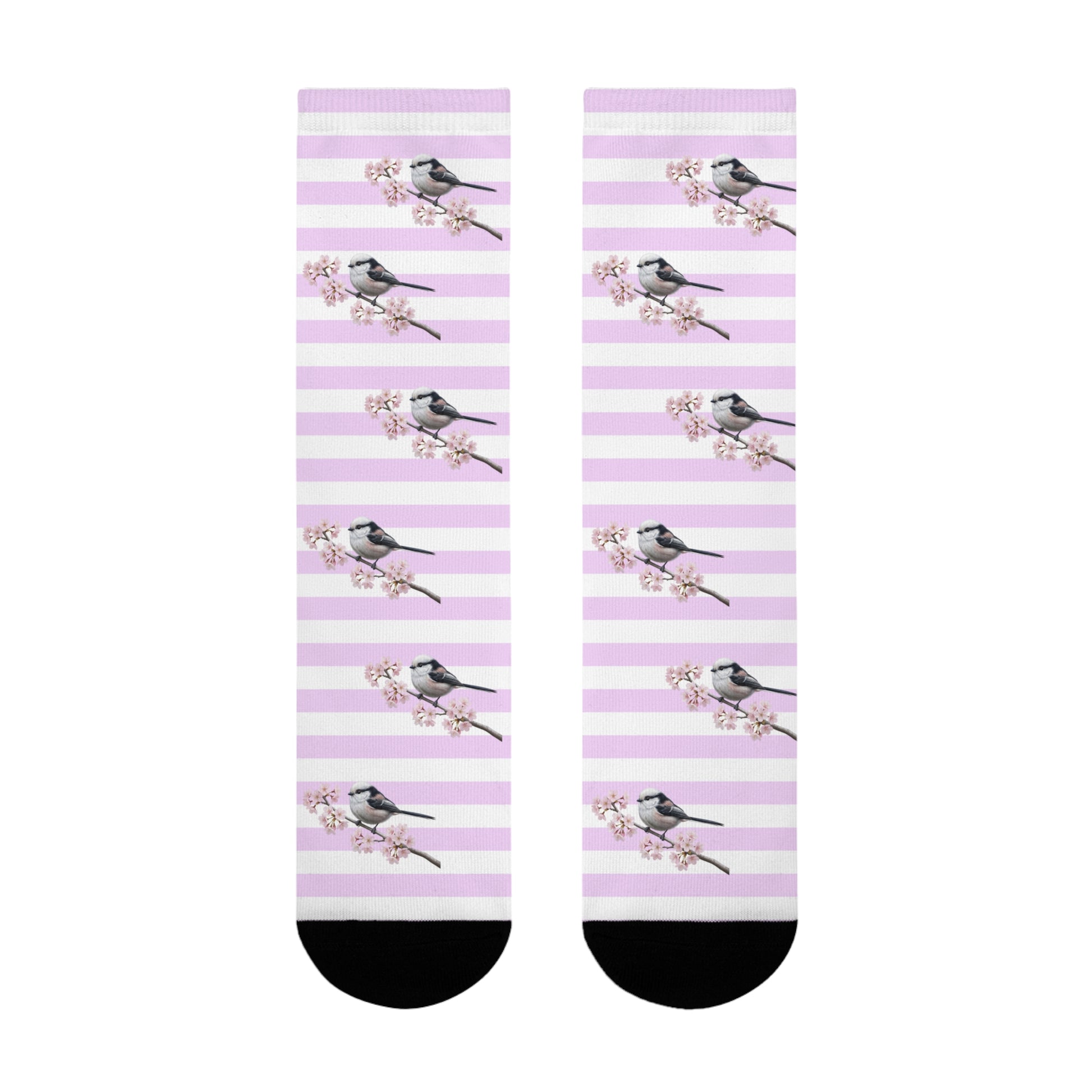 Schwanzmeise Socken mit Kirschblüten | Weiß Rosa gestreifte Vogelmotiv Strümpfe – Accessories,