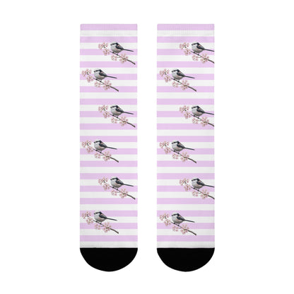 Schwanzmeise Socken mit Kirschblüten | Weiß Rosa gestreifte Vogelmotiv Strümpfe – Accessories,