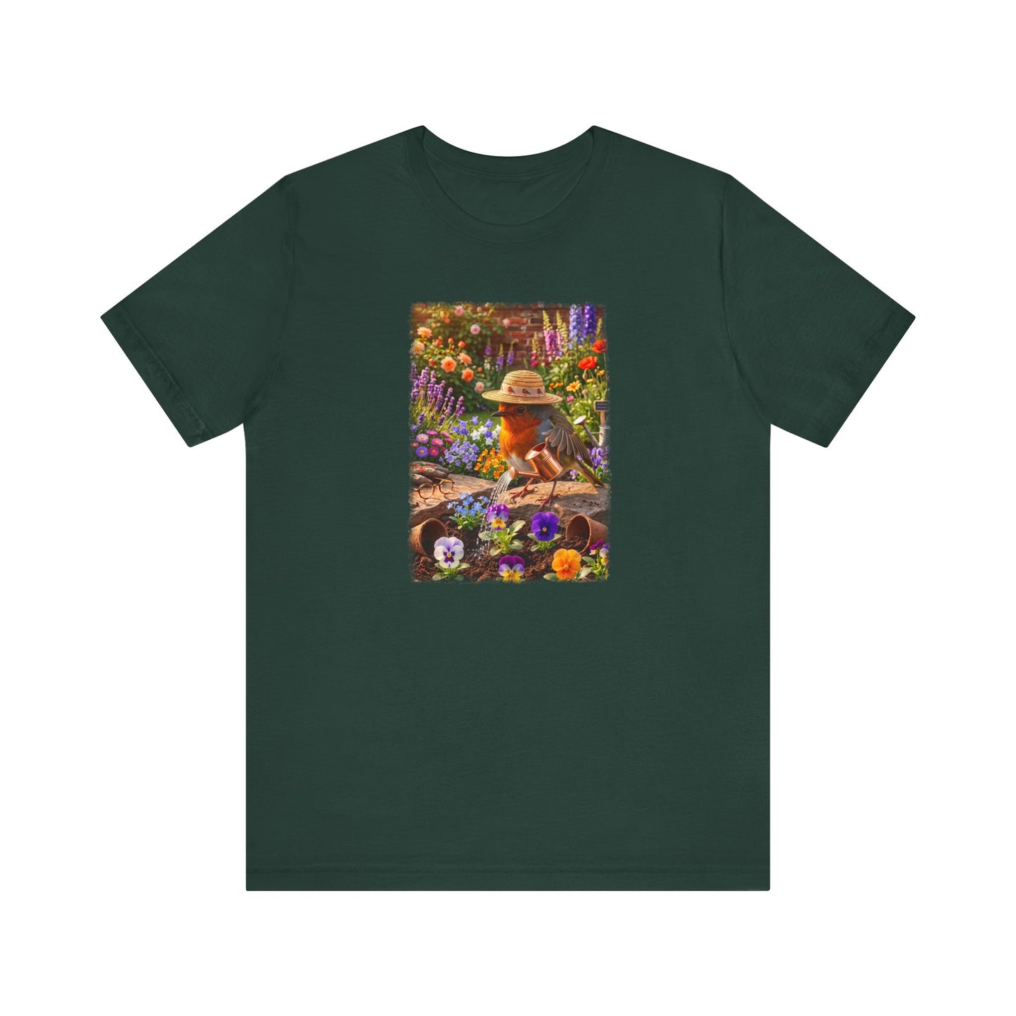 Niedliches Rotkehlchen T-Shirt beim Blumen gießen | Gemütliches Garten-Motiv