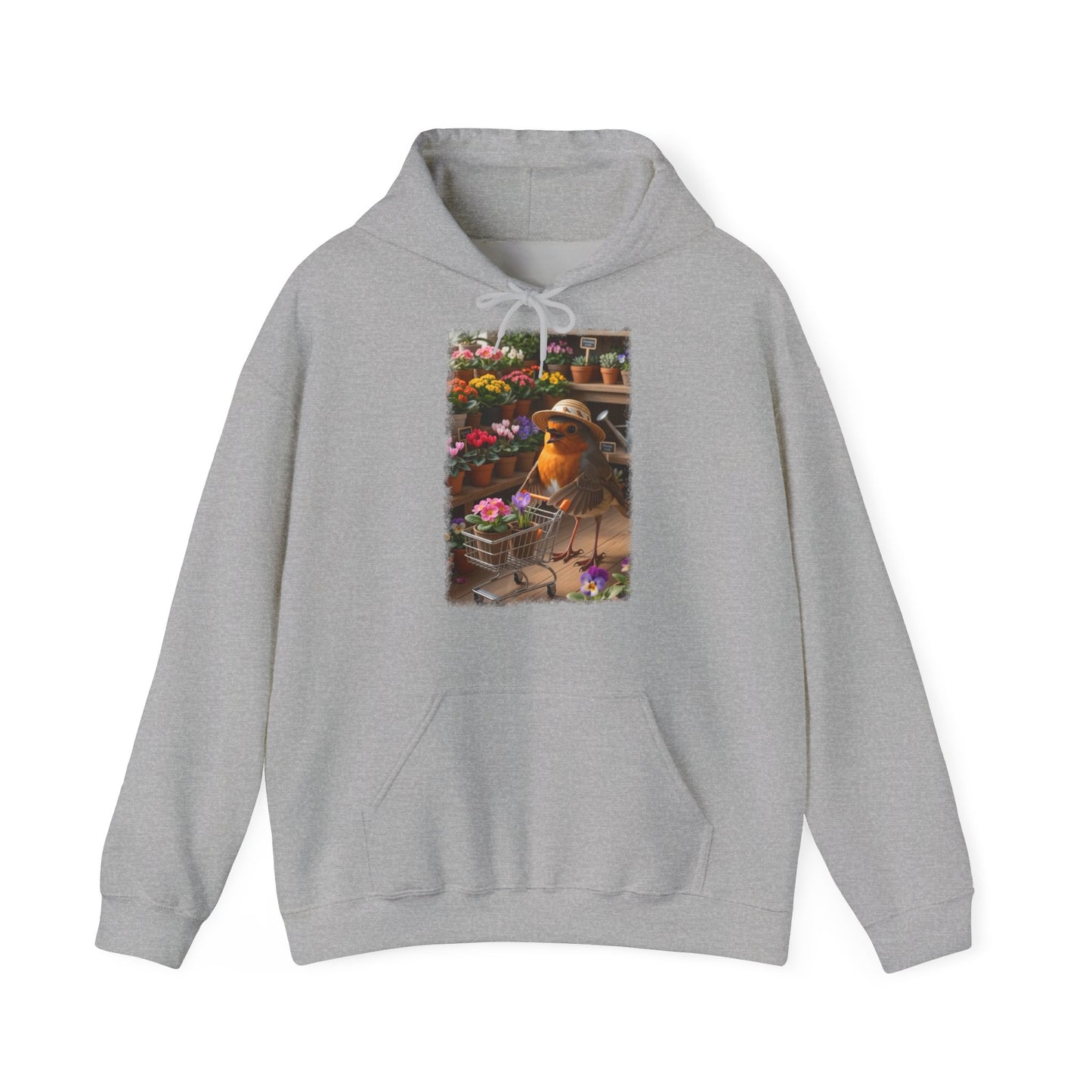 Lustiger Rotkehlchen Hoodie mit Blumen-Einkaufswagen | Süßer Vogel Kapuzenpullover für Pflanzenfans