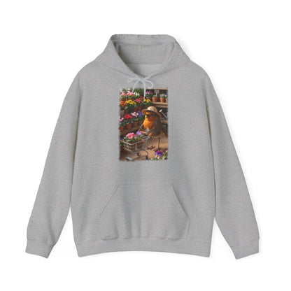 Lustiger Rotkehlchen Hoodie mit Blumen-Einkaufswagen | Süßer Vogel Kapuzenpullover für Pflanzenfans