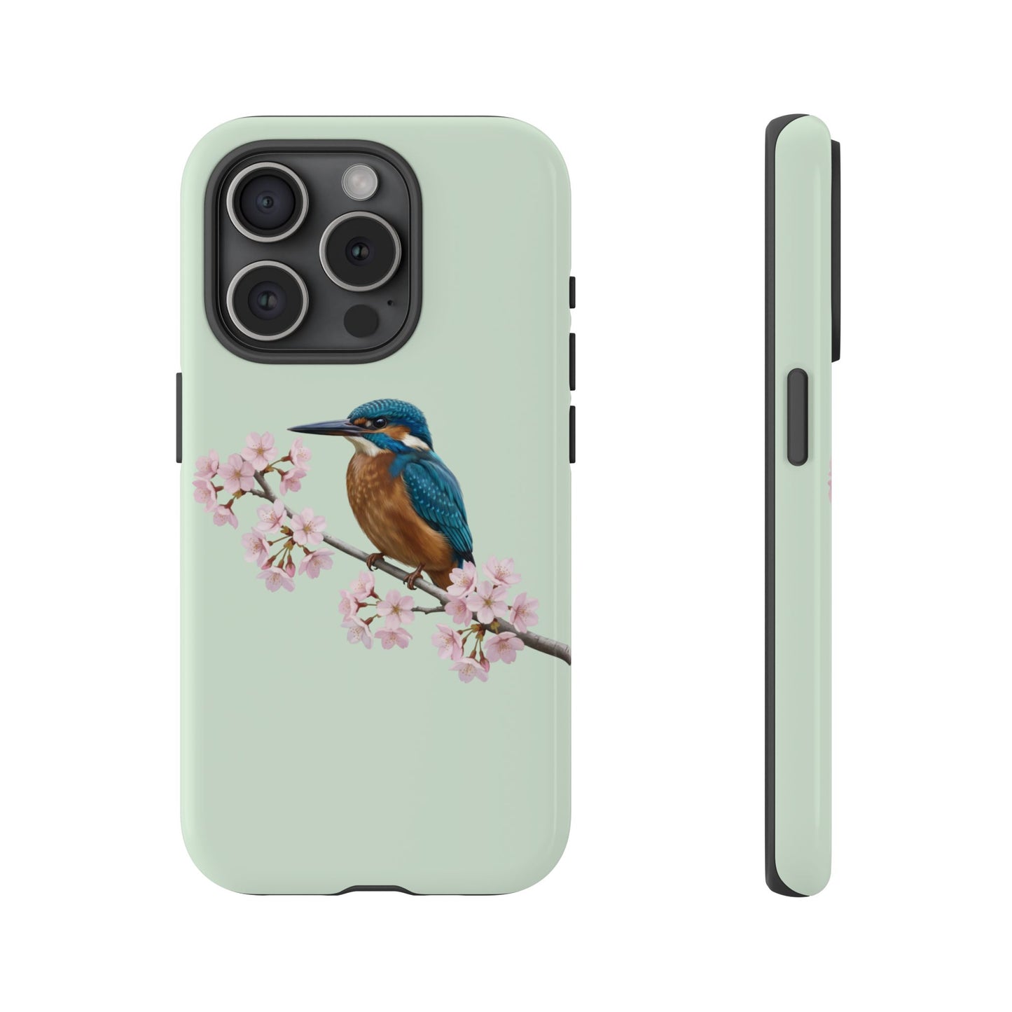 Eisvogel Handyhülle in Salbeigrün | Florales Kirschblüten Vogel-Motiv für iPhone & Google Pixel