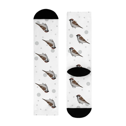 Feldsperling Socken Vogelsocken Weiß mit Grauen Punkten