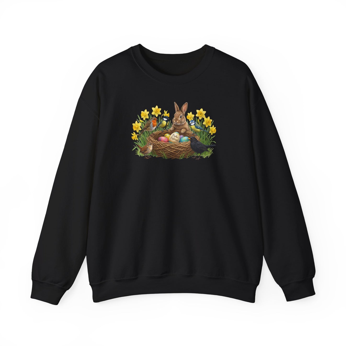 Black sweatshirt with Easter design featuring a bunny, eggs, and flowers on a white background