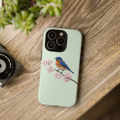 Rotkehl-Hüttensänger Handyhülle in Salbeigrün | Florales Kirschblüten Vogel-Motiv für iPhone & Google Pixel