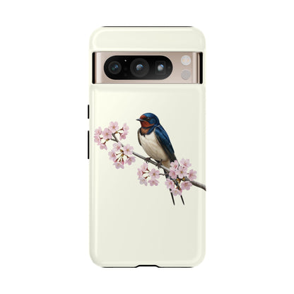 Rauchschwalbe Handyhülle in Cremeweiß | Florales Kirschblüten Vogel-Motiv für iPhone & Google Pixel