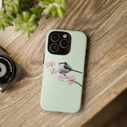 Schwanzmeise Handyhülle in Salbeigrün | Florales Kirschblüten Vogel-Motiv für iPhone & Google Pixel