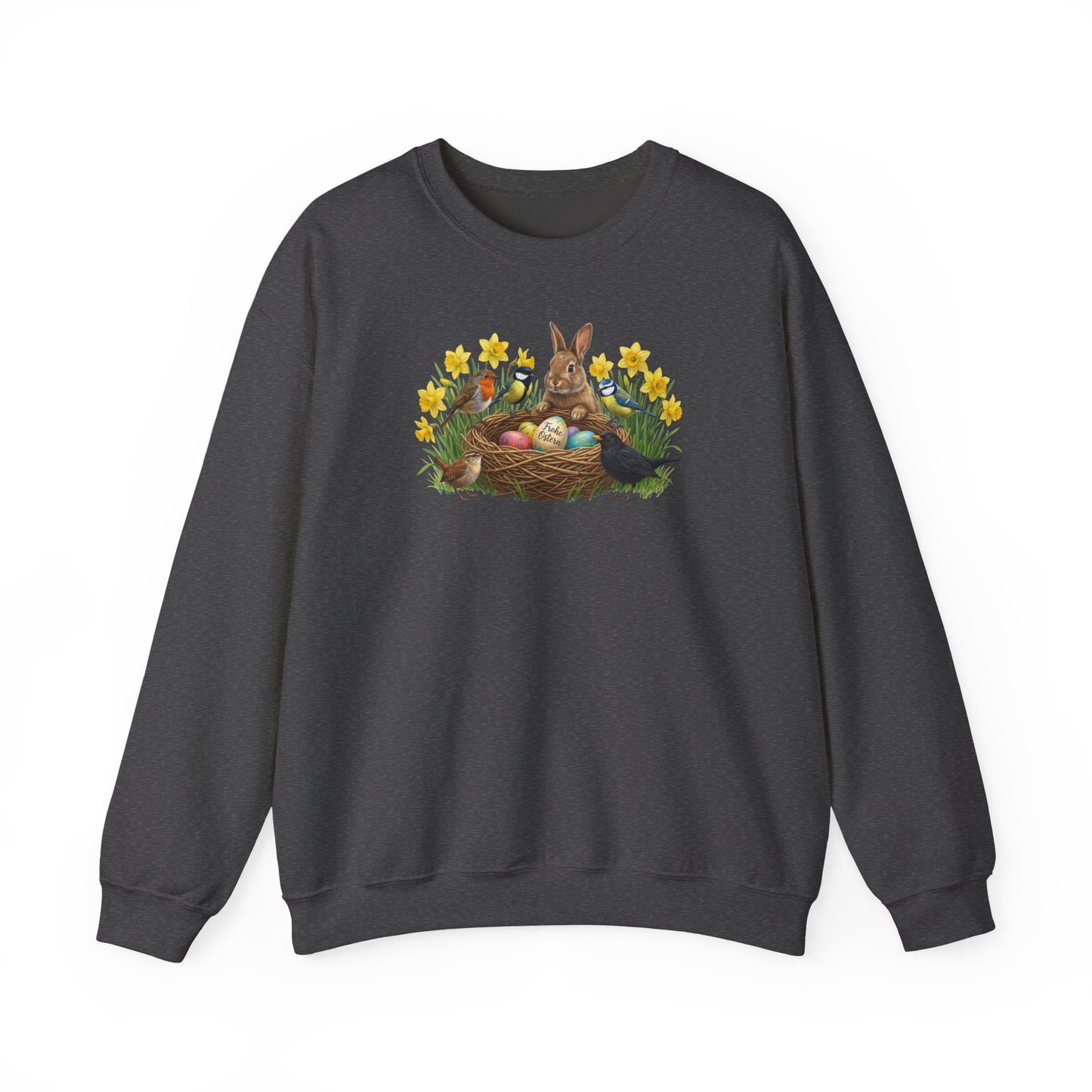 Oster Sweatshirt – Kaninchen & Singvögel am Osternest in Osterglocken | Unisex Pullover