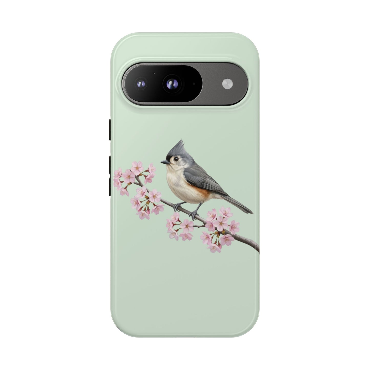 Grauhäubchenmeise Handyhülle in Salbeigrün | Florales Kirschblüten Vogel-Motiv für iPhone & Google Pixel