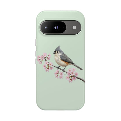 Grauhäubchenmeise Handyhülle in Salbeigrün | Florales Kirschblüten Vogel-Motiv für iPhone & Google Pixel