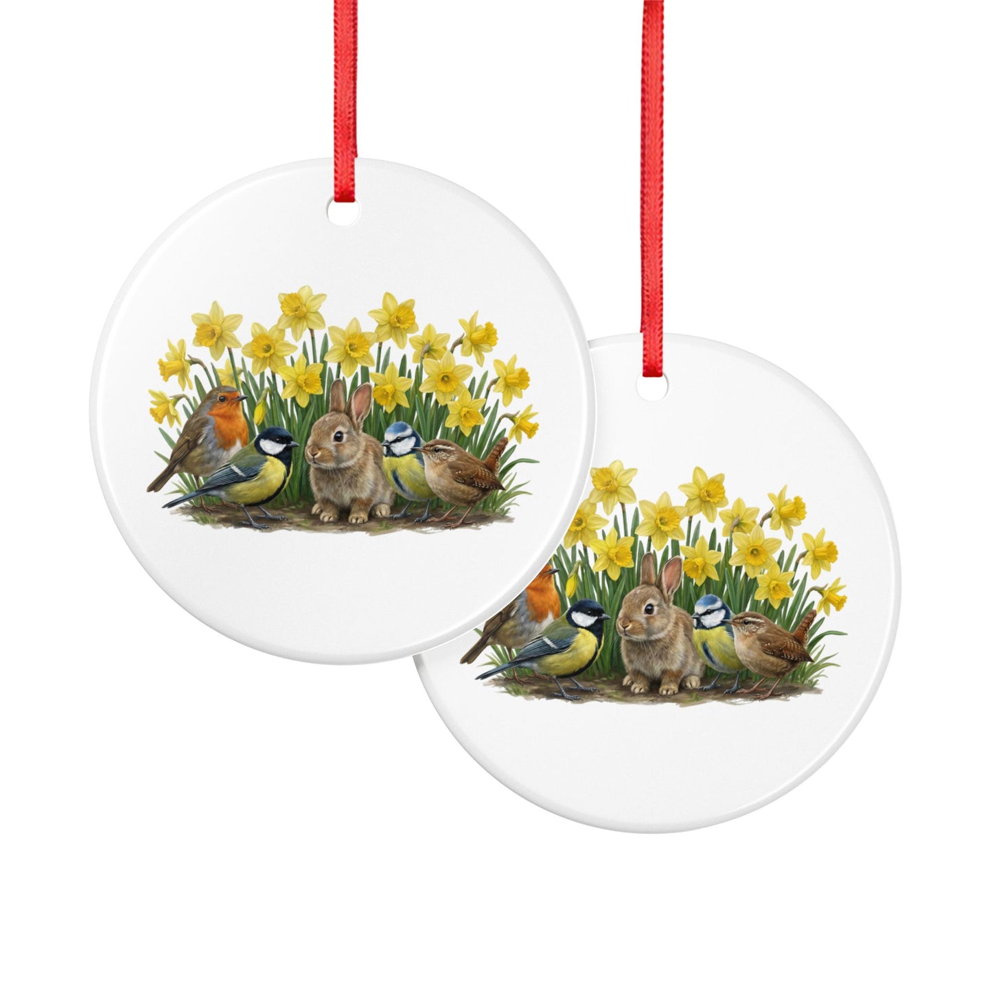 Rotkehlchen Blaumeise Zaunkönig mit Kaninchen und Osterglocken Premium Keramik-Ornament