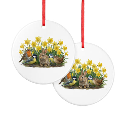 Rotkehlchen Blaumeise Zaunkönig mit Kaninchen und Osterglocken Premium Keramik-Ornament
