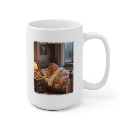Süße Rotkehlchen Kaffeetasse im Bett mit Teddy | Kuschelige Keramiktasse für Morgenmuffel & Langschläfer
