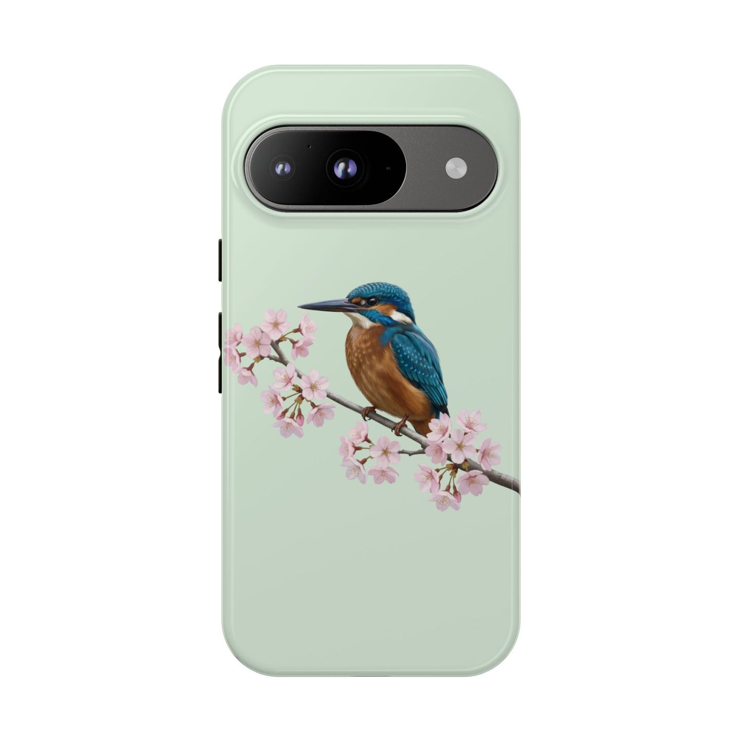 Eisvogel Handyhülle in Salbeigrün | Florales Kirschblüten Vogel-Motiv für iPhone & Google Pixel