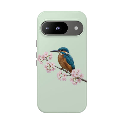 Eisvogel Handyhülle in Salbeigrün | Florales Kirschblüten Vogel-Motiv für iPhone & Google Pixel