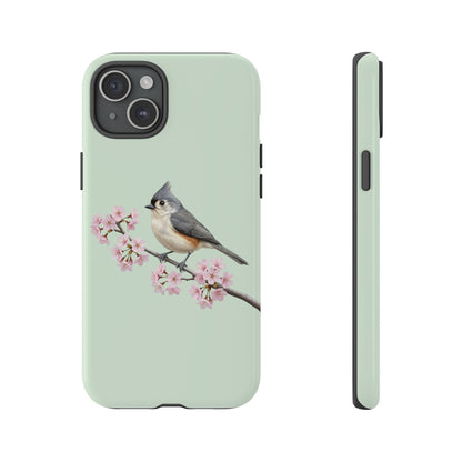Grauhäubchenmeise Handyhülle in Salbeigrün | Florales Kirschblüten Vogel-Motiv für iPhone & Google Pixel