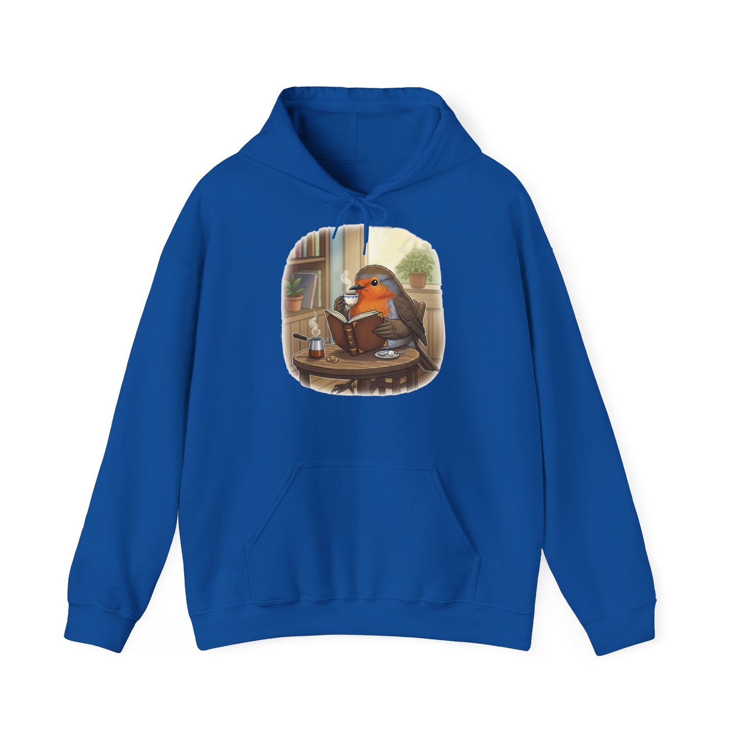 Rotkehlchen liest Bücher und trinkt Kaffee Vogel Hoodie - Kapuzenpullover für Vogelbeobachter mit Vogelmotiv