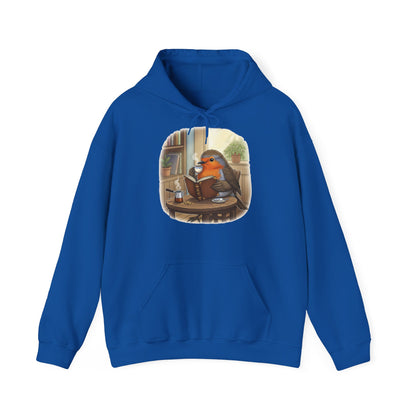 Rotkehlchen liest Bücher und trinkt Kaffee Vogel Hoodie - Kapuzenpullover für Vogelbeobachter mit Vogelmotiv