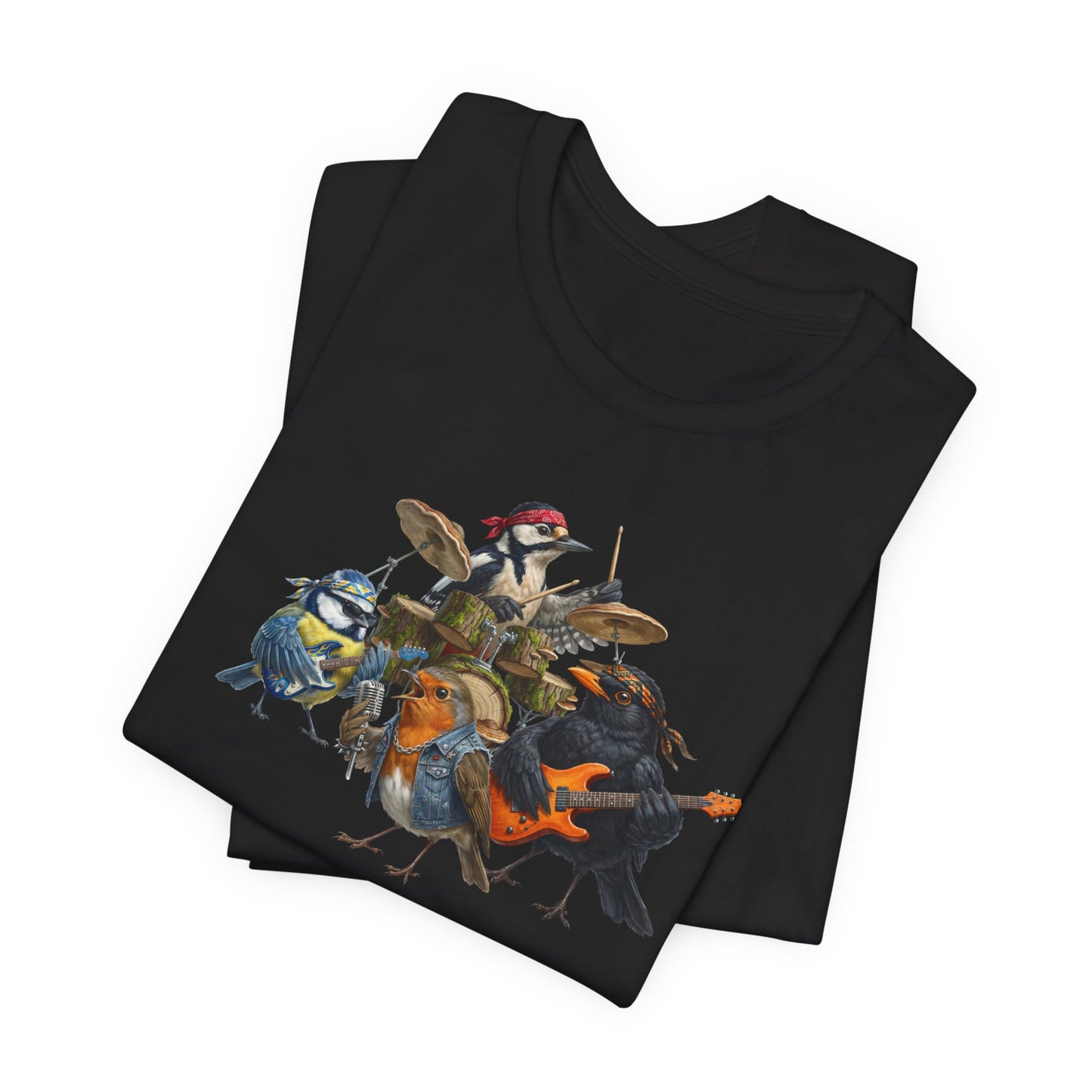 The Backyard Birds Rockband T-Shirt – Lustiges Vogel Shirt mit Rückendruck – Amsel, Rotkehlchen, Meise, Specht – Geschenk für Musiker & Vogelfreunde