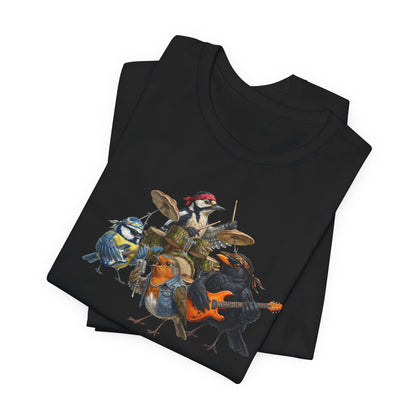 The Backyard Birds Rockband T-Shirt – Lustiges Vogel Shirt mit Rückendruck – Amsel, Rotkehlchen, Meise, Specht – Geschenk für Musiker & Vogelfreunde