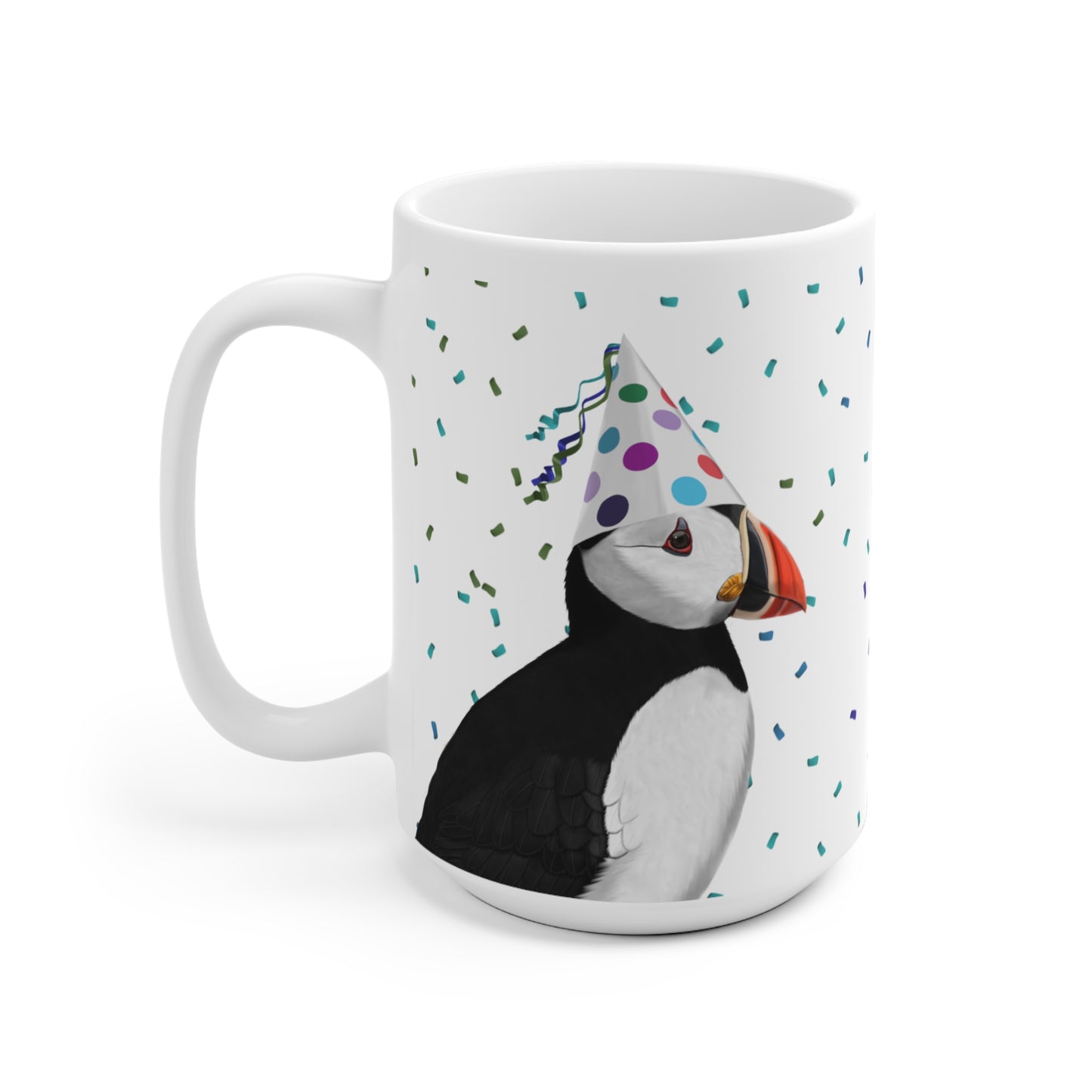 Papageitaucher feiert Geburtstag mit Partyhut und Konfetti Vogel Tasse
