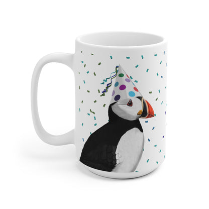 Papageitaucher feiert Geburtstag mit Partyhut und Konfetti Vogel Tasse