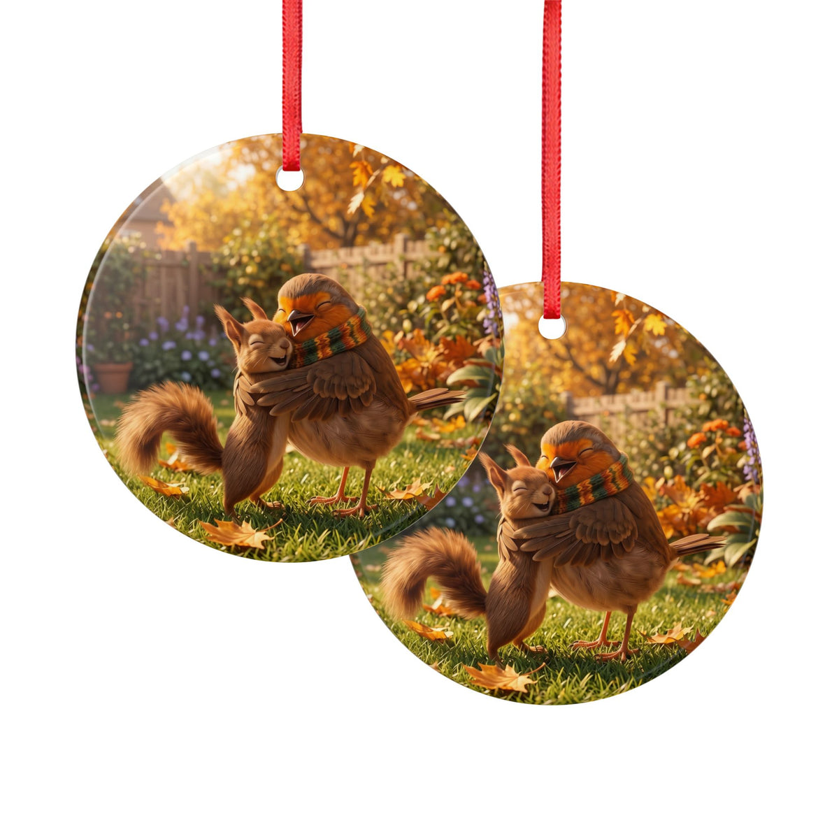 Keramik Ornament Rotkehlchen & Eichhörnchen | Herbstdeko für Vogelfreunde