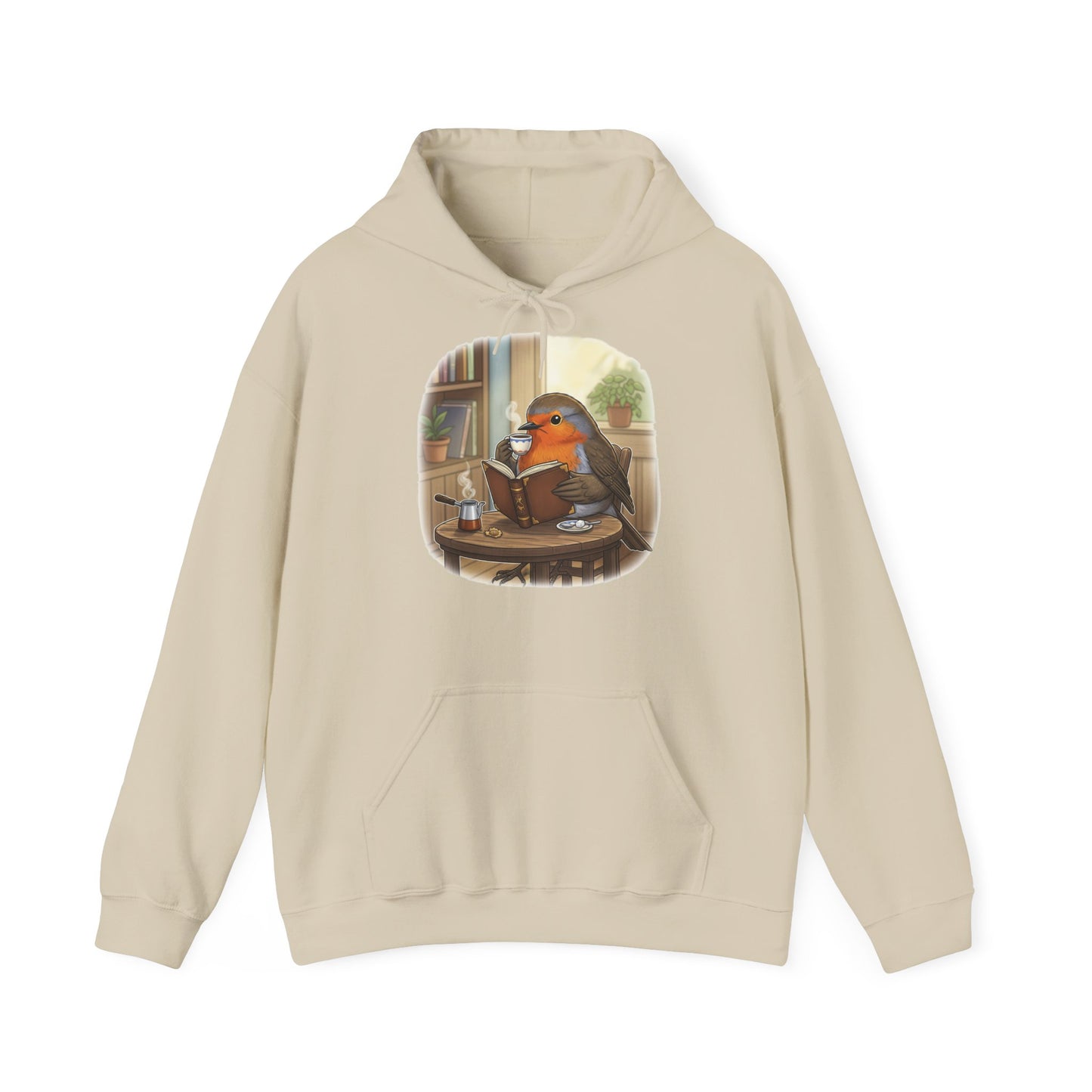 Rotkehlchen liest Bücher und trinkt Kaffee Vogel Hoodie - Kapuzenpullover für Vogelbeobachter mit Vogelmotiv