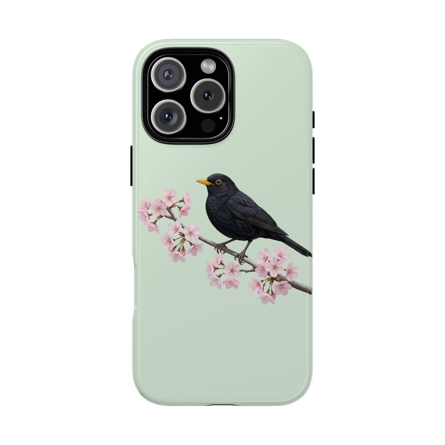 Amsel Handyhülle in Salbeigrün | Florales Kirschblüten Vogel-Motiv für iPhone & Google Pixel