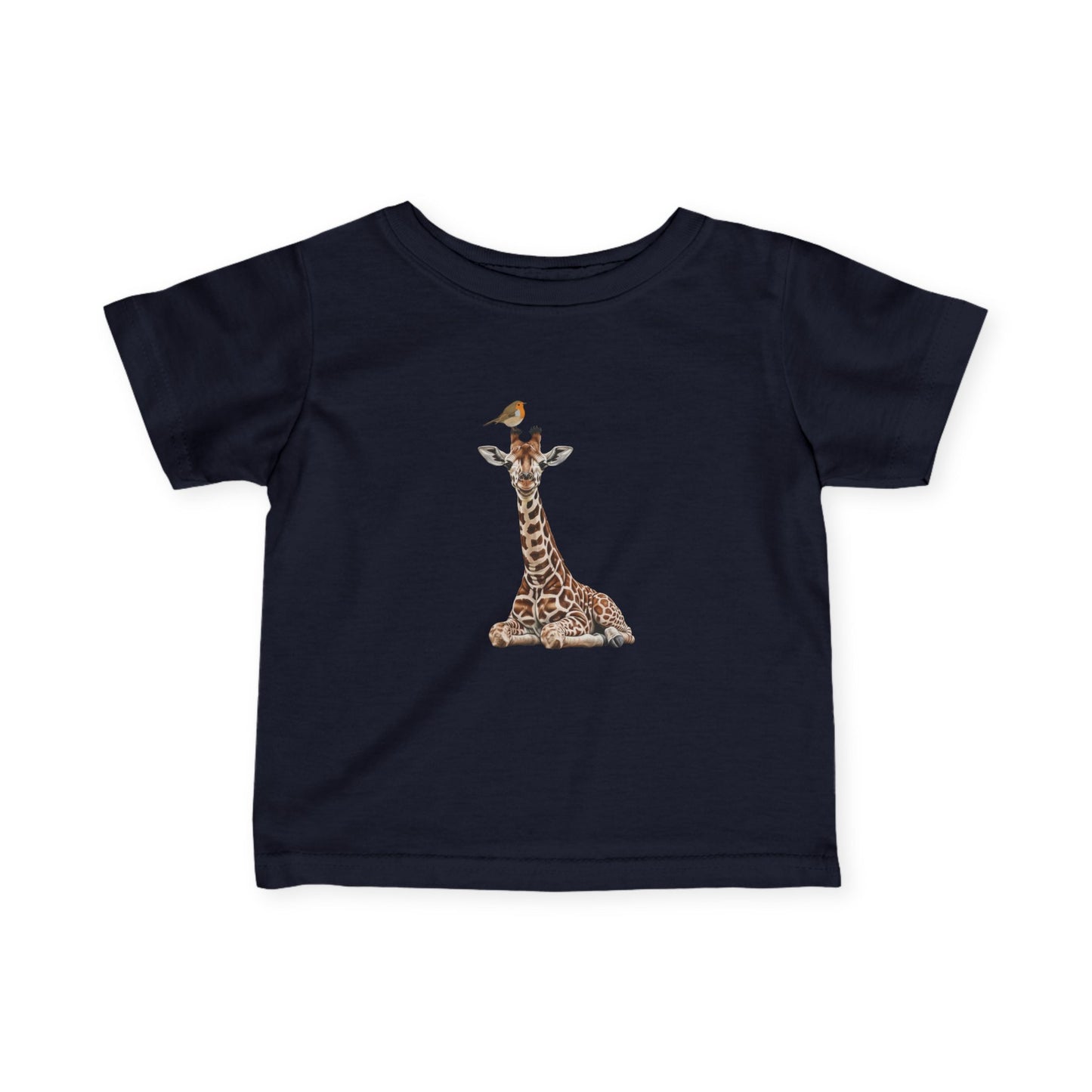 Süße Baby Giraffe mit Rotkehlchen Vogel Tiermotiv T-Shirt für Babys und Kleinkinder