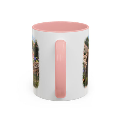 Keramiktasse Rosi Rotkehlchen und das Riesen-Eis im Garten – Kaffeebecher mit farbigem Henkel (330 ml)