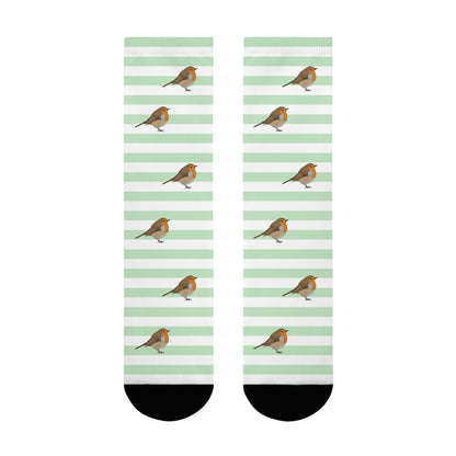 Rotkehlchen Socken mit Streifen in Salbeigrün Weiß – Geschenk für Vogelliebhaber & Ornithologen – Accessories,